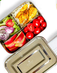 STAINLESS STEEL LUNCH BOX, 4 COMPARTMENT SNAP-ON, 50 OZ