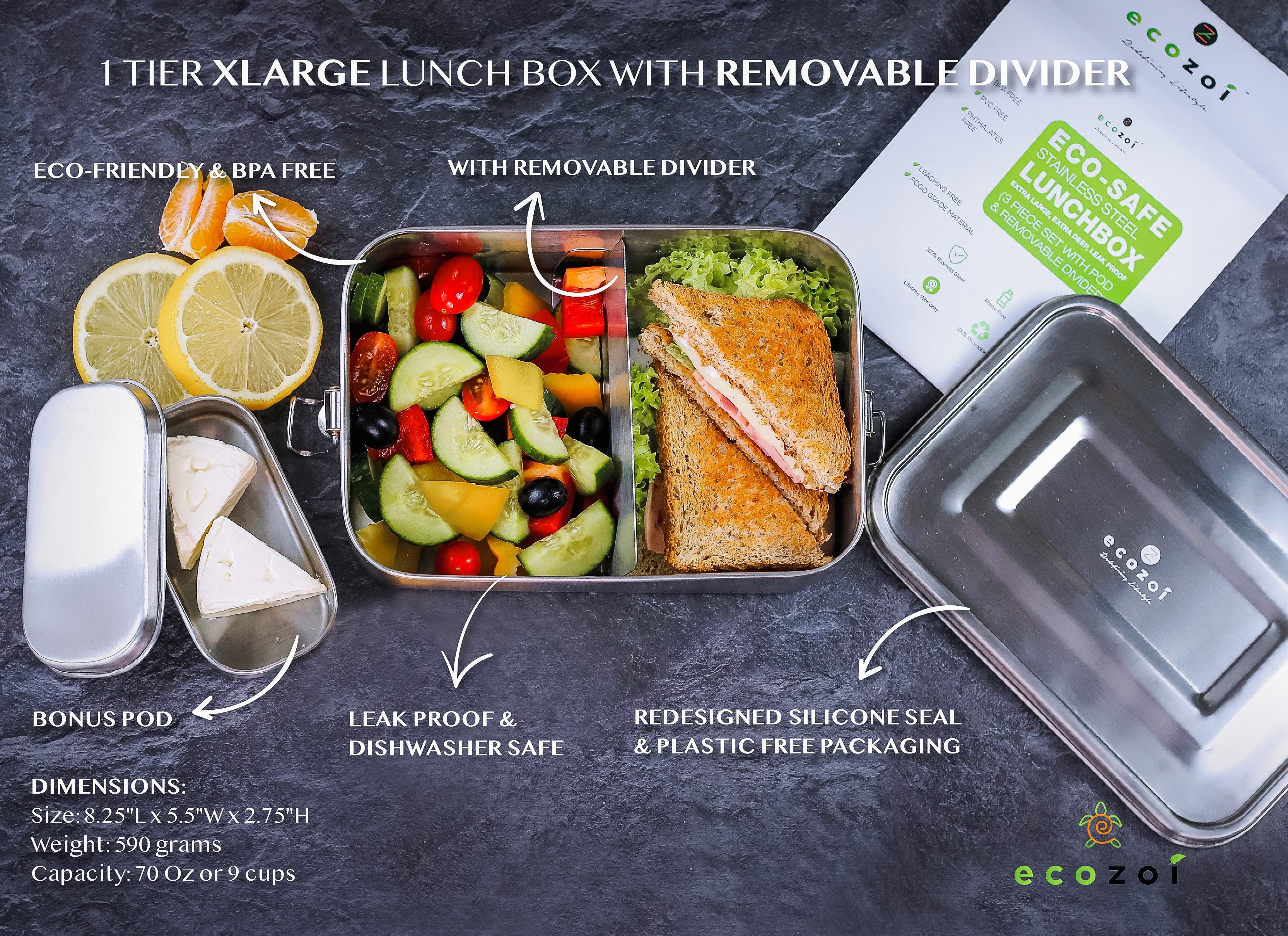 Stainless Steel Eco Lunch Box with Removable Divider, Leak Proof, 1 Tier with 1 Mini Sauce Container, XL 70 Oz or 2100 ml Lunch Boxes Ecozoi 