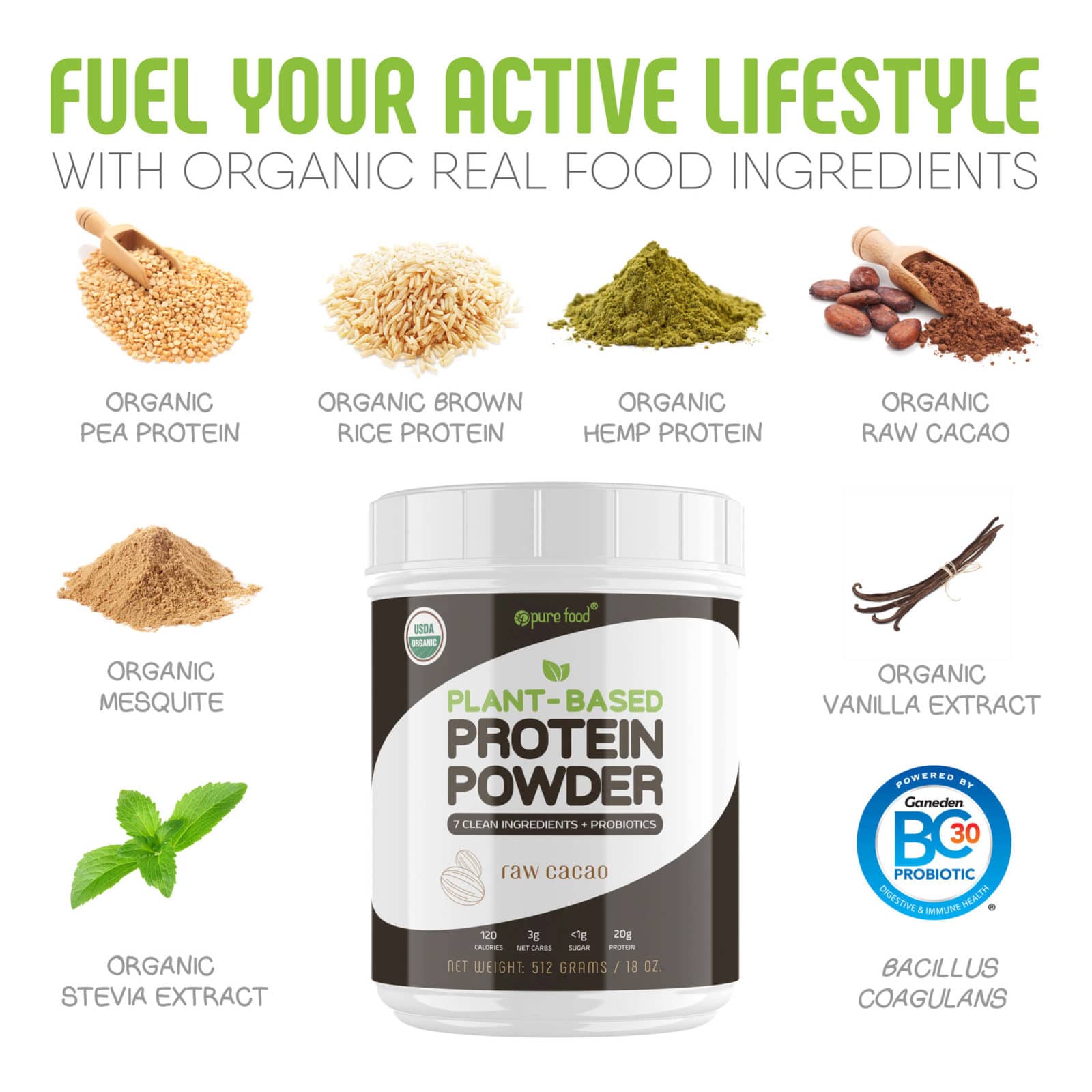 Pure Food Plant Based Protein Powder: RAW CACAO - 512g Tub Protein Powder Pure Food Digestive Health 