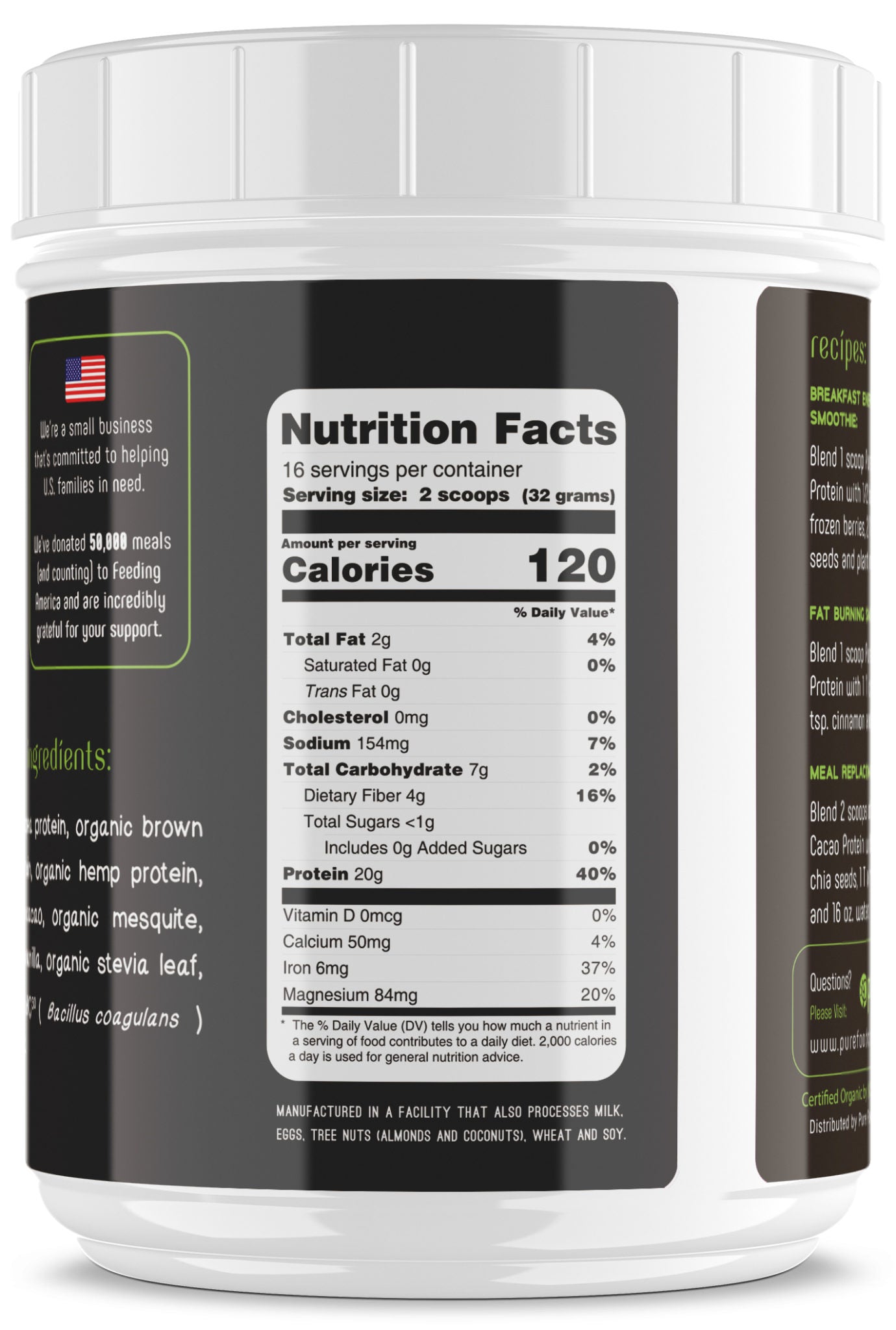 Pure Food Plant Based Protein Powder: RAW CACAO - 512g Tub Protein Powder Pure Food Digestive Health 