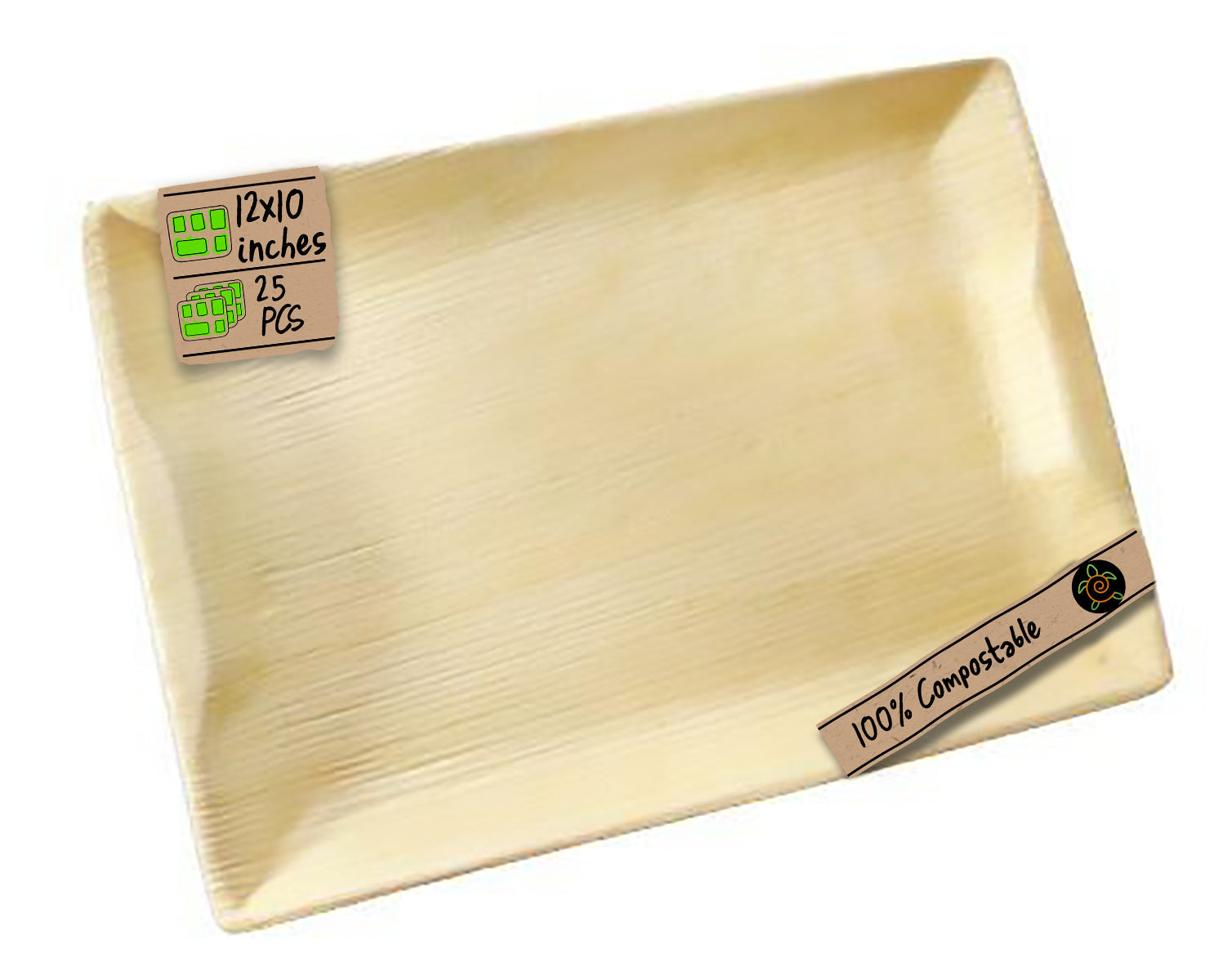 Disposable Palm Leaf Trays, 12"x10" Rectangle Eco Friendly Dinner Trays, 25 Pack Ecozoi 