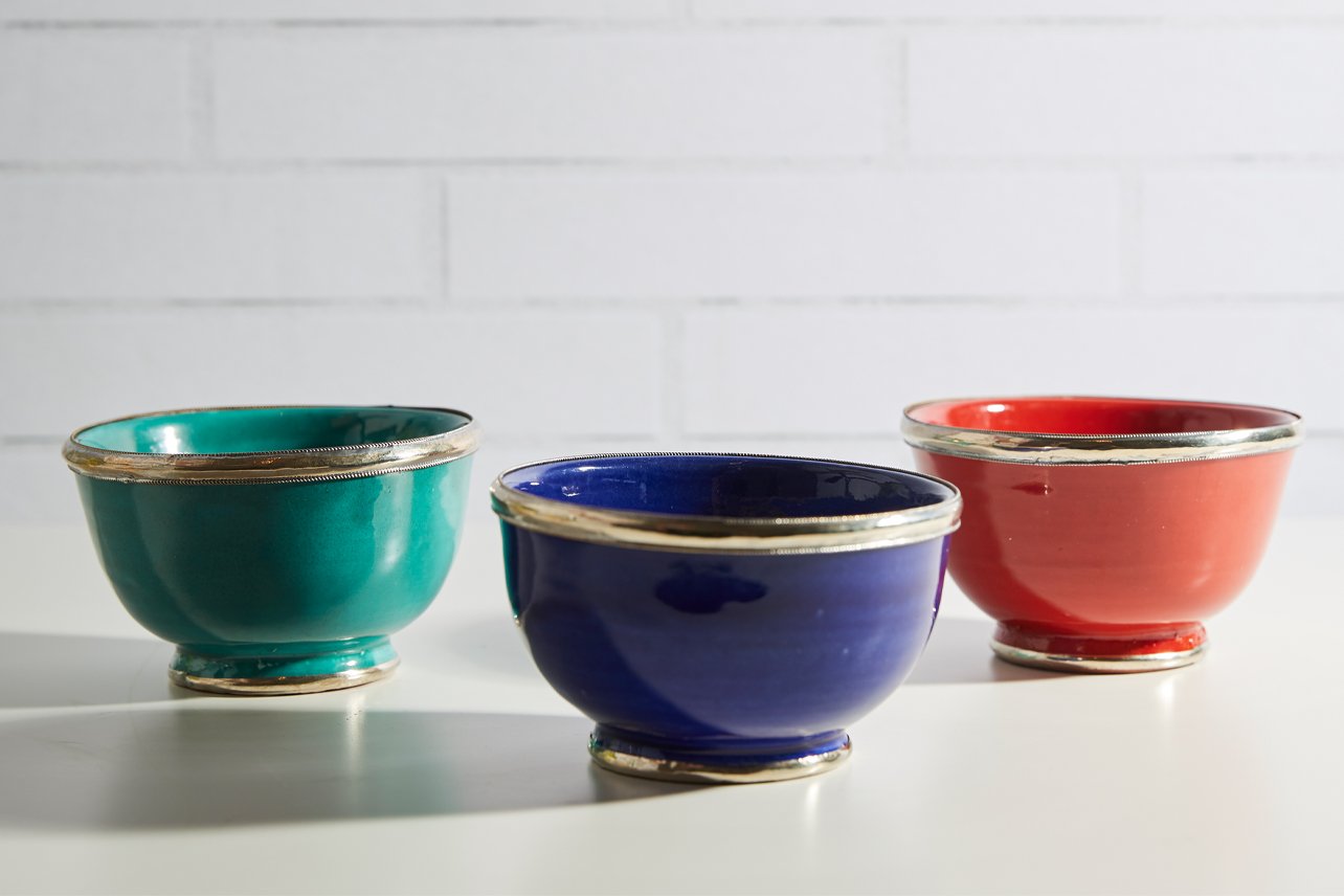 Moroccan Glazed Bowls with Berber Silver Trim- Set of 3 Bowls Verve Culture 