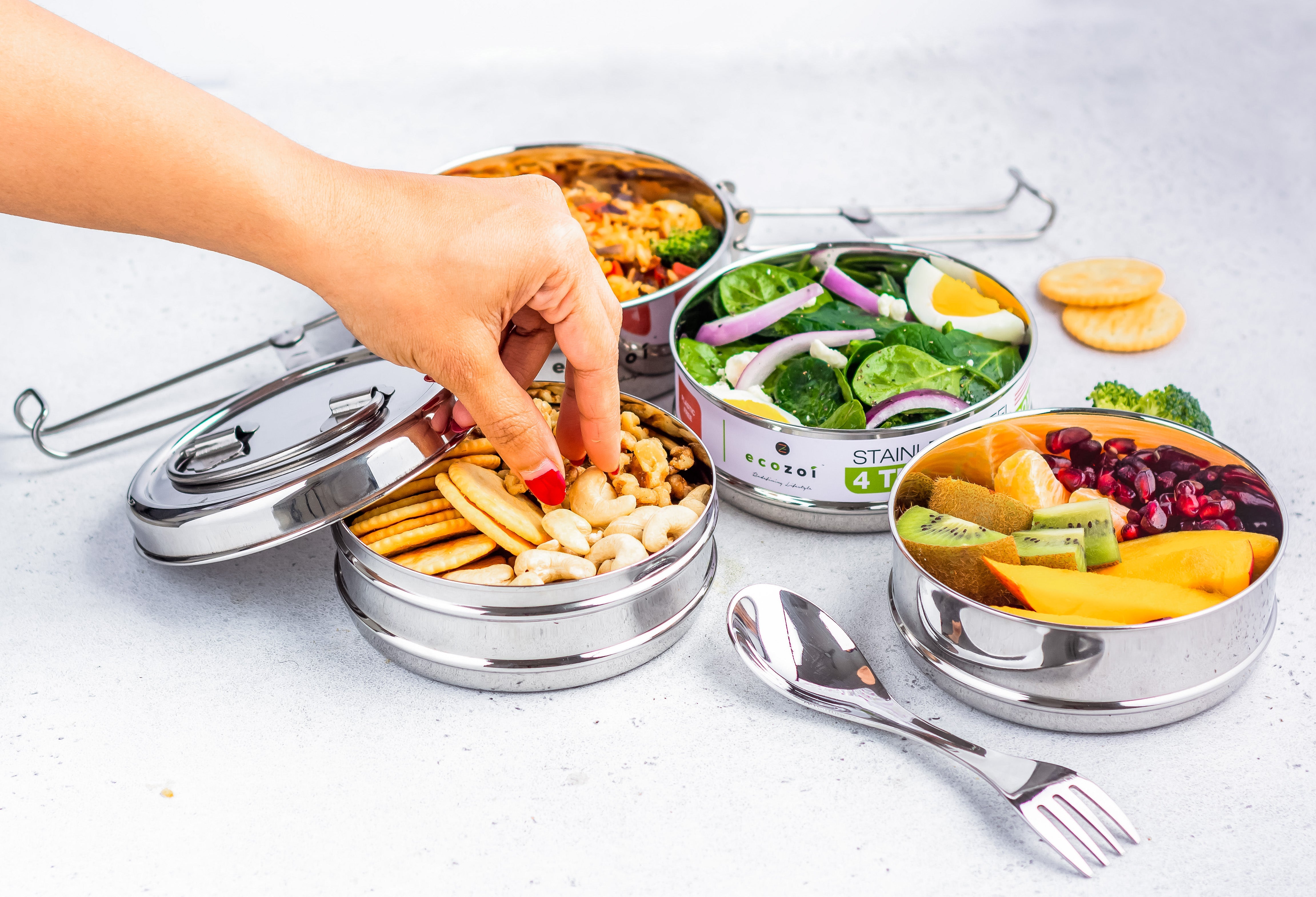 Stainless Steel Eco Lunch Box, 4 Tier Round with Spork, 55 Oz or 1600 ml Lunch Boxes Ecozoi 