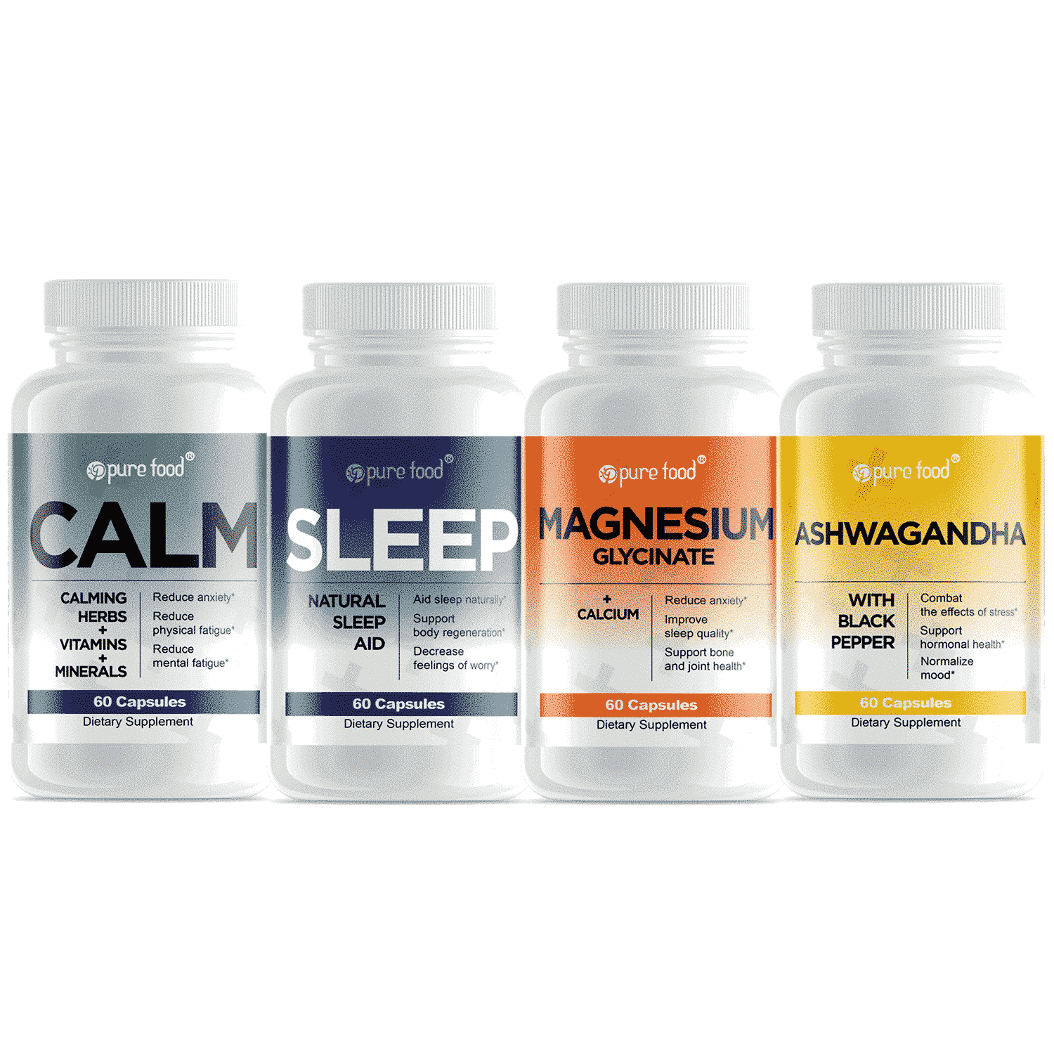Pure Food Calm Bundle: 3 Supplements for Anxiety, Relaxation, Sleep (Magnesium Currently Out of Stock)