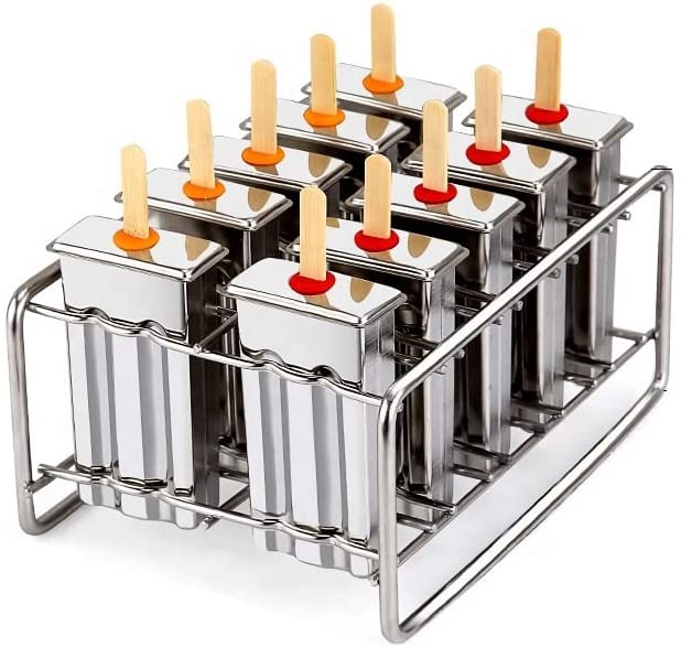 STAINLESS STEEL POPSICLE MOLDS AND RACK, 10 SQUARE SHAPE MOLDS WITH REUSABLE BAMBOO STICKS