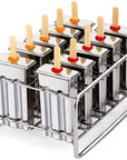 STAINLESS STEEL POPSICLE MOLDS AND RACK, 10 SQUARE SHAPE MOLDS WITH REUSABLE BAMBOO STICKS
