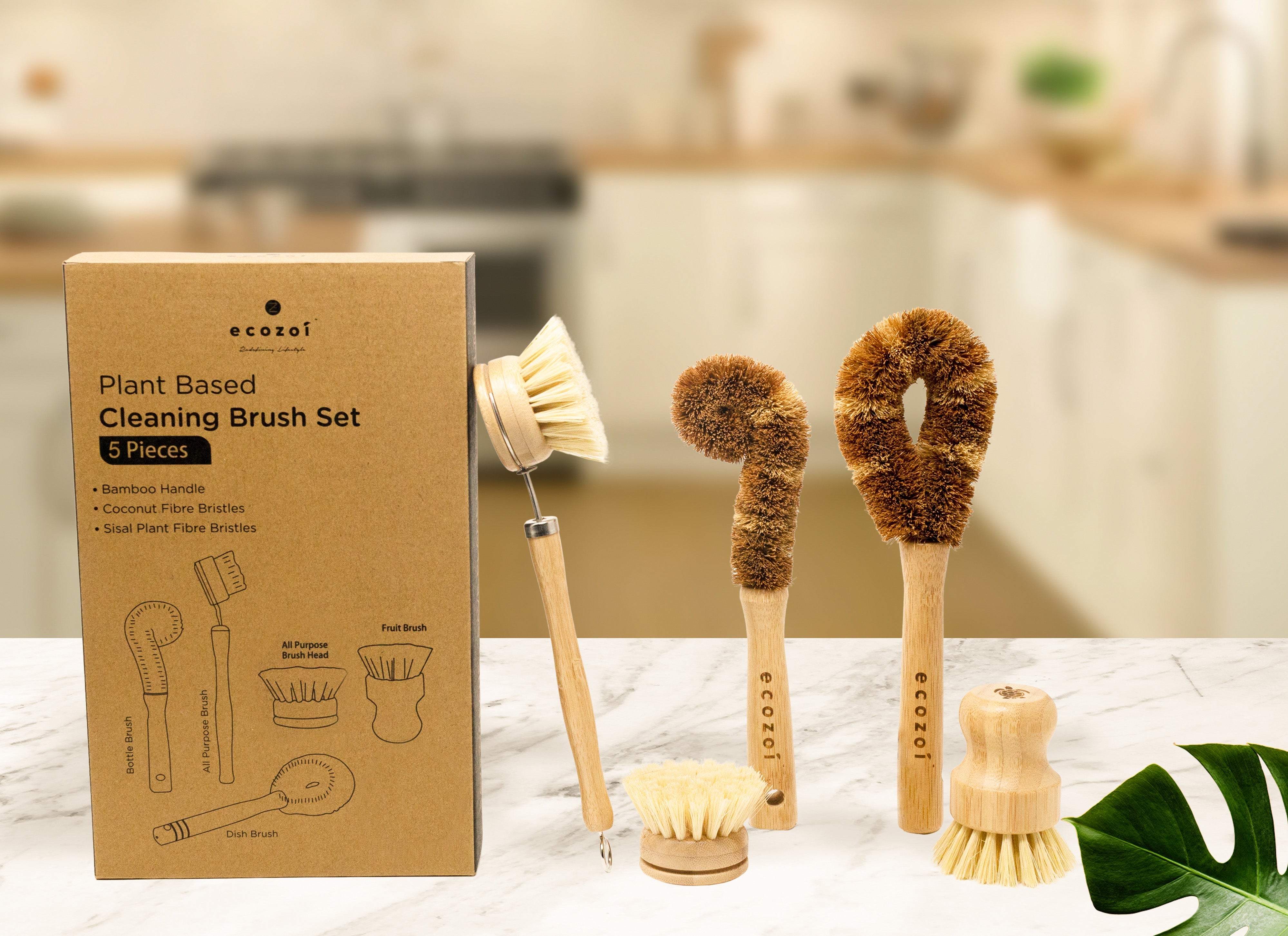 Plant Based Cleaning Brush Set, 5 Piece for Vegetable, and Kitchen Dish Cleaning Cleaning Brush Set ecozoi 