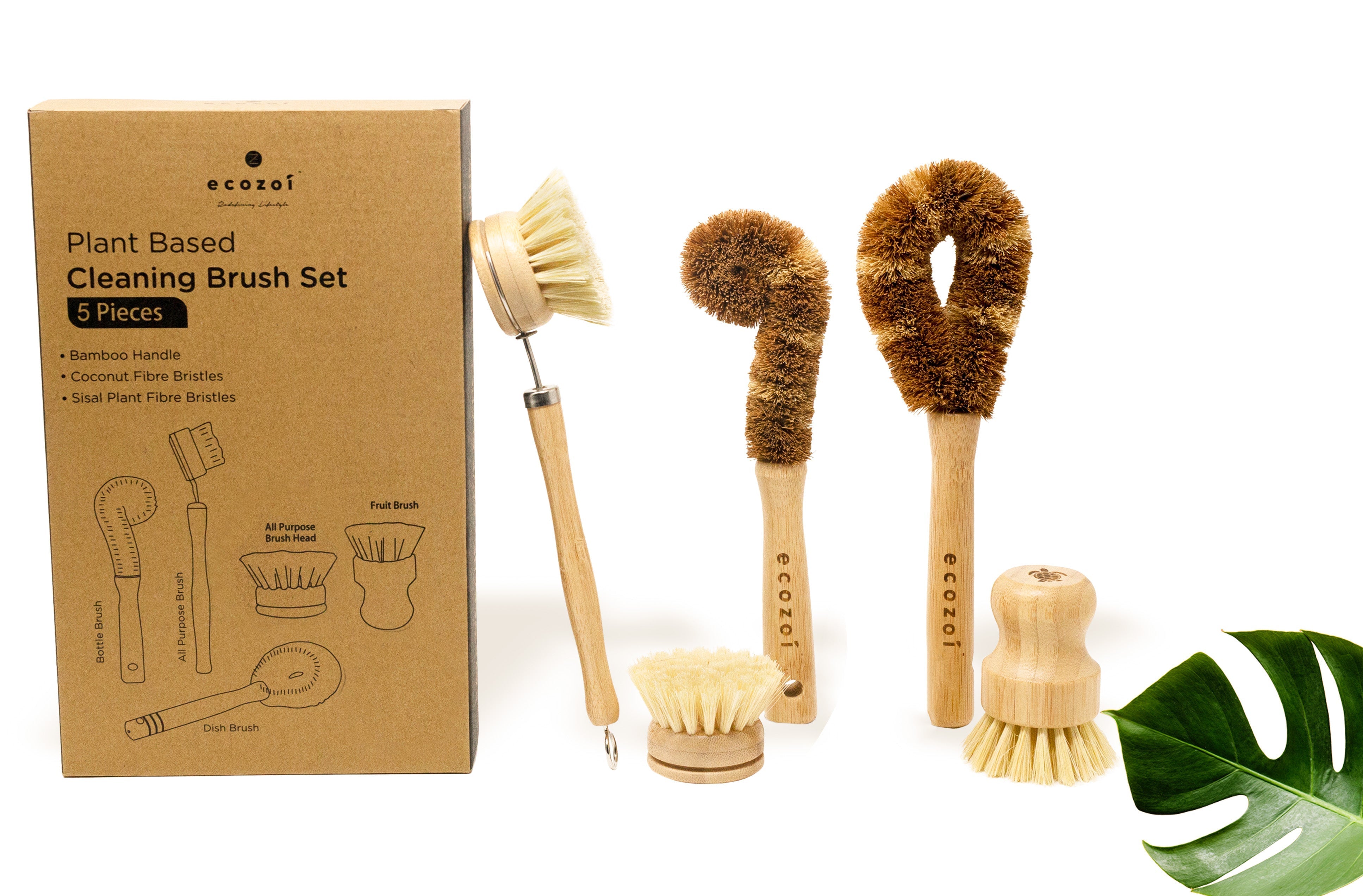 Plant Based Cleaning Brush Set, 5 Piece for Vegetable, and Kitchen Dish Cleaning Cleaning Brush Set ecozoi 