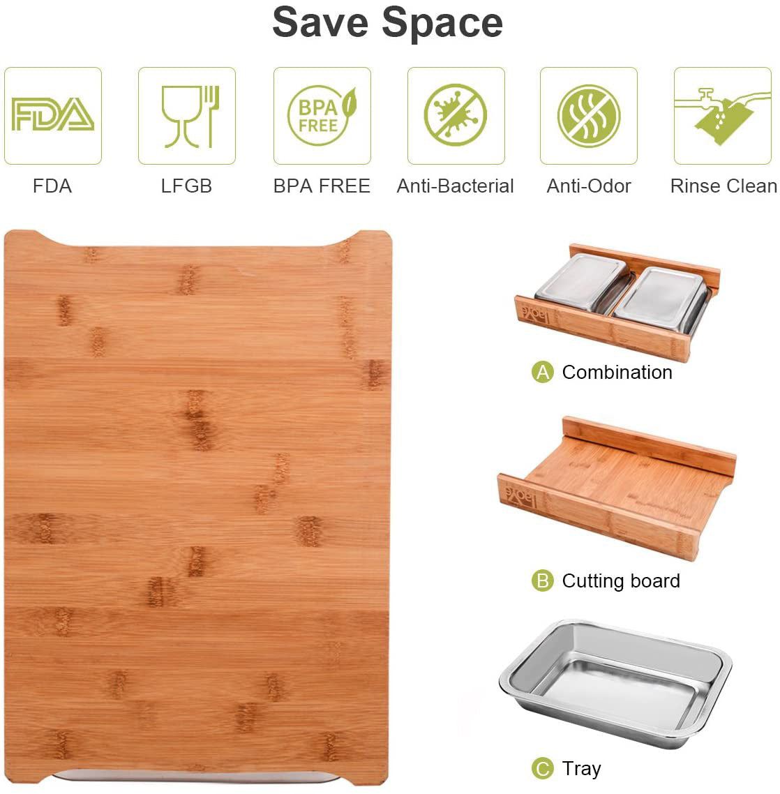 Large Bamboo Cutting Board with 2 Big Organizing Stainless Steel Trays Cutting Boards Ecozoi 