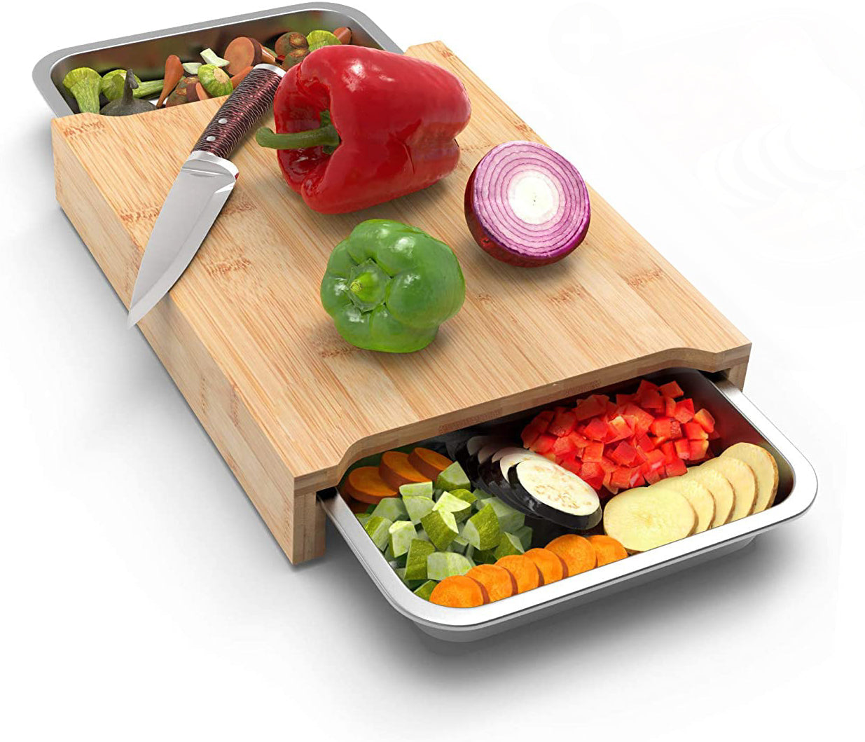 Large Bamboo Cutting Board with 2 Big Organizing Stainless Steel Trays Cutting Boards Ecozoi 