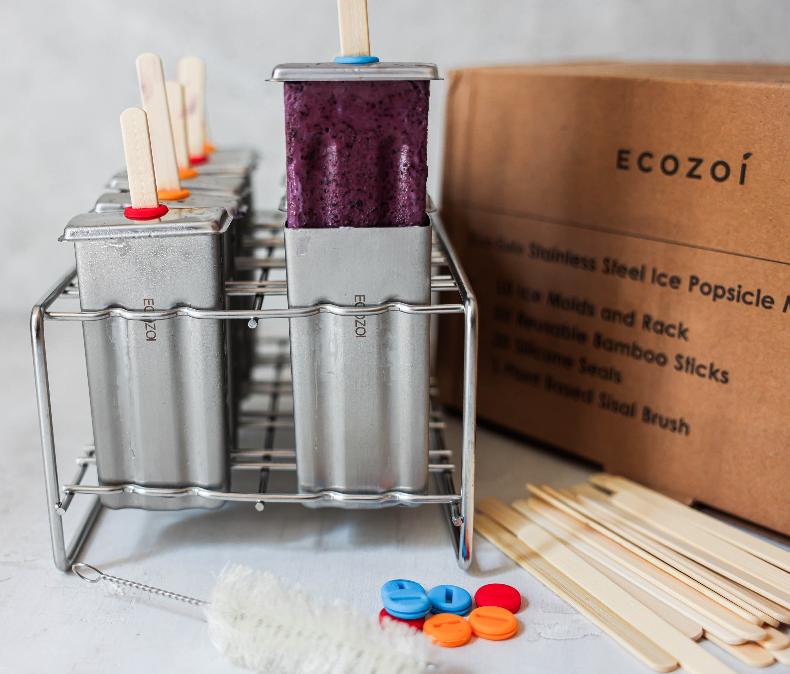 Ecozoi Eco-Safe Stainless Steel Popsicle Molds and Rack - 6 Ice Pop Makers  + 30 Reusable Bamboo Sticks + 12 Silicone Seals +