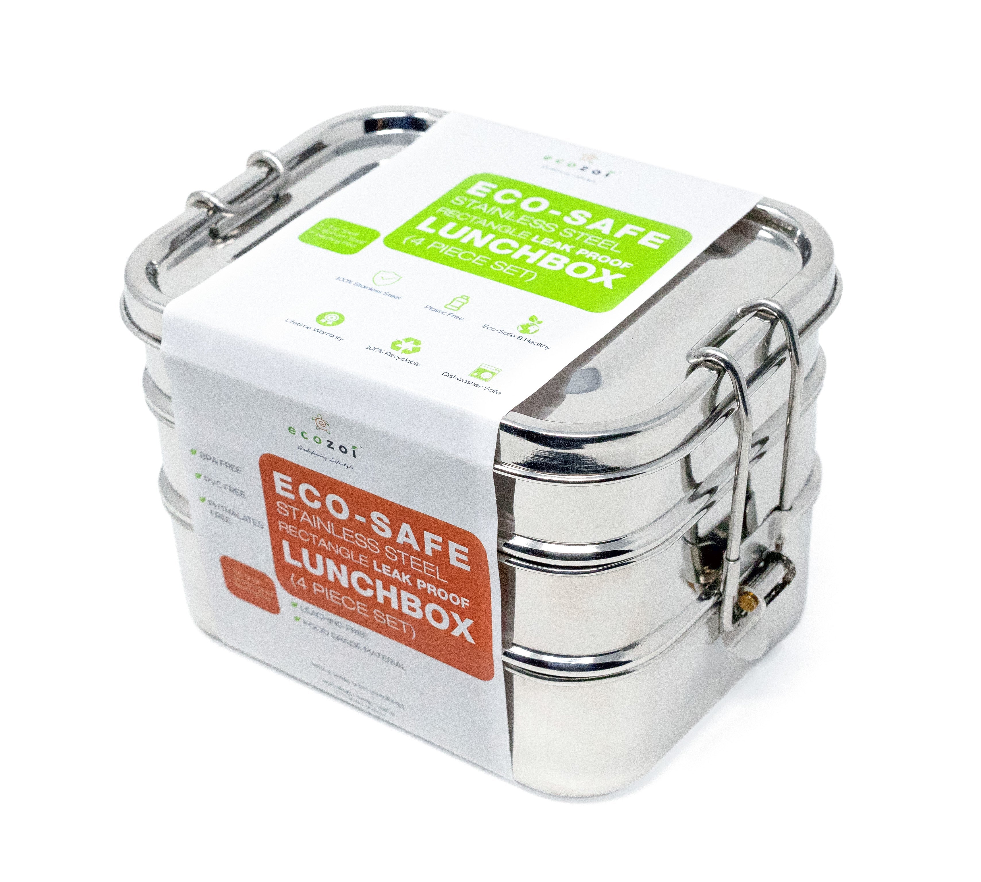 Stainless Steel Eco Lunch Box, Leak Proof, 3 Tier with 1 Mini Sauce Container, Convertible to 1 Tier, 70 Oz or 2100 ml Ecozoi 