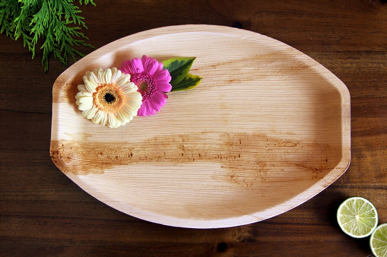 DISPOSABLE PALM LEAF TRAYS, 13&quot;X10&quot; OVAL ECO FRIENDLY DINNER TRAYS, 25 PACK