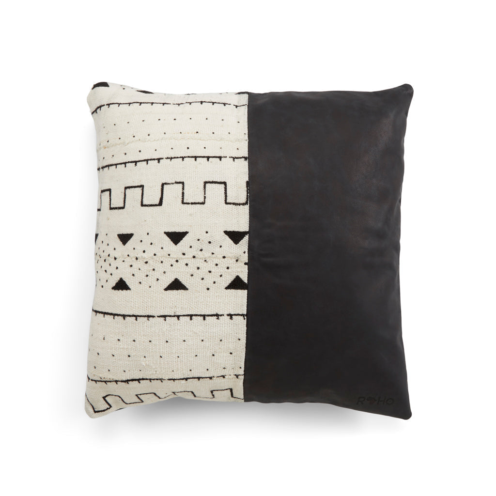 Asili Mudcloth &amp; Leather Pillow, White Home Goods RoHo Goods 