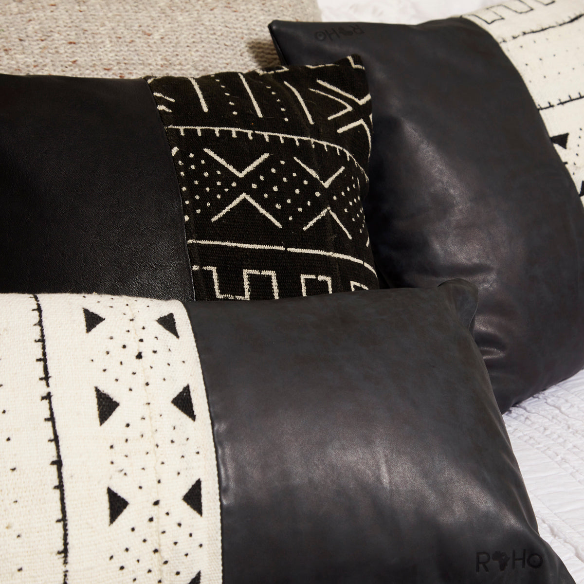 Asili Mudcloth &amp; Leather Pillow, Black Home Goods RoHo Goods 