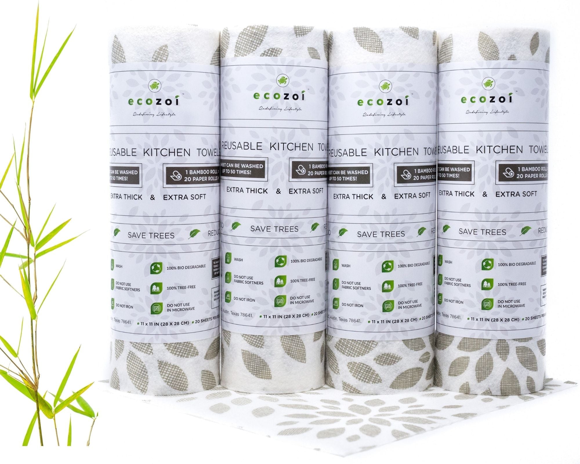 Bamboo Kitchen Paper Towels, Reusable Unpaper Towels, 4 Pack, Extra Thick Rolls Paper Towels Ecozoi 
