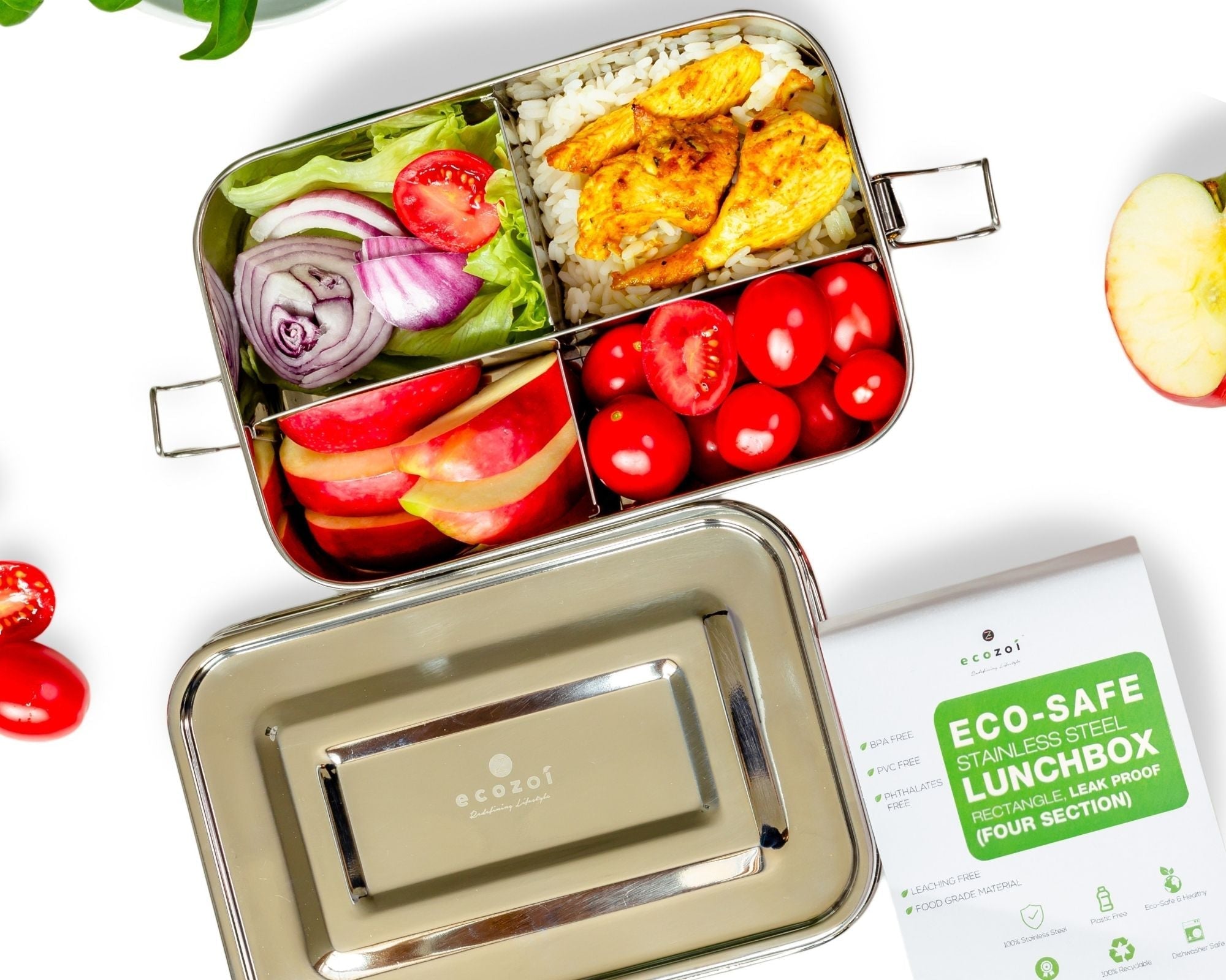 Stainless Steel Eco Lunch Box, Leak Proof, 4 Compartment, 50 Oz or 1500 ml Ecozoi 