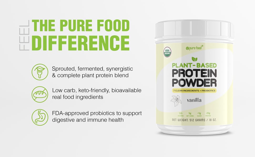 Pure Food Plant Based Protein Powder: VANILLA - 512g Tub Protein Powder Pure Food Digestive Health 