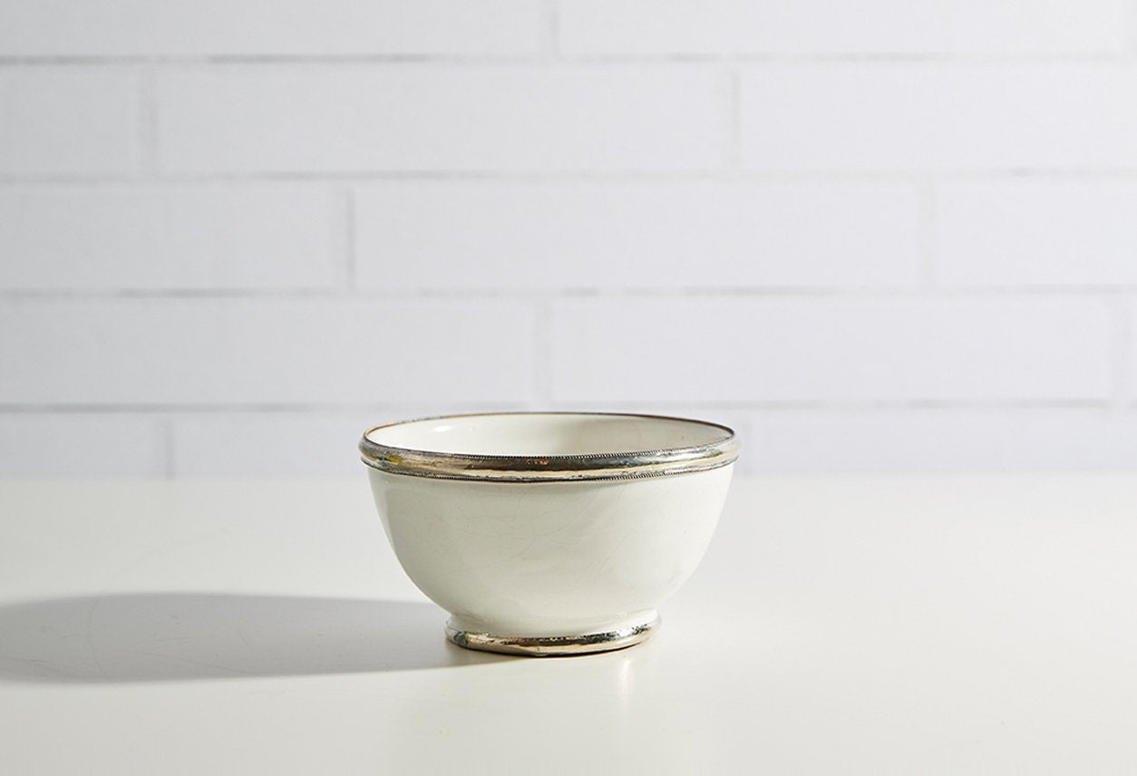 Moroccan Glazed Bowls with Berber Silver Trim Bowls Verve Culture White 
