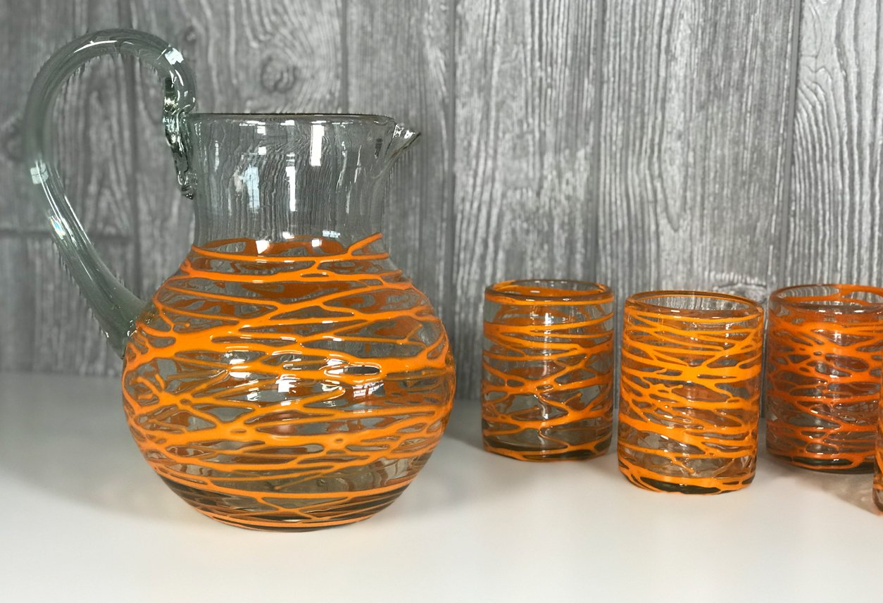 Handblown Glass Pitcher Pitcher Verve Culture Orange Swirl 